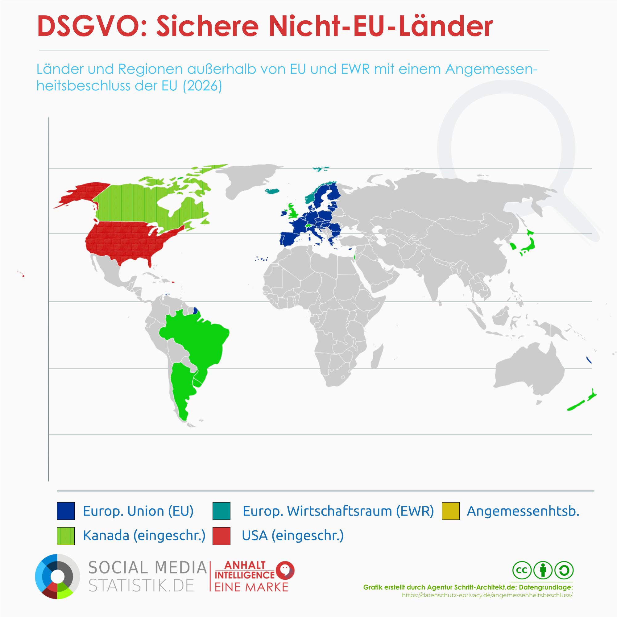 Infografik zu Ländern und Regionen außerhalb der EU bzw. EWR mit Angemessenheitsbeschluss 