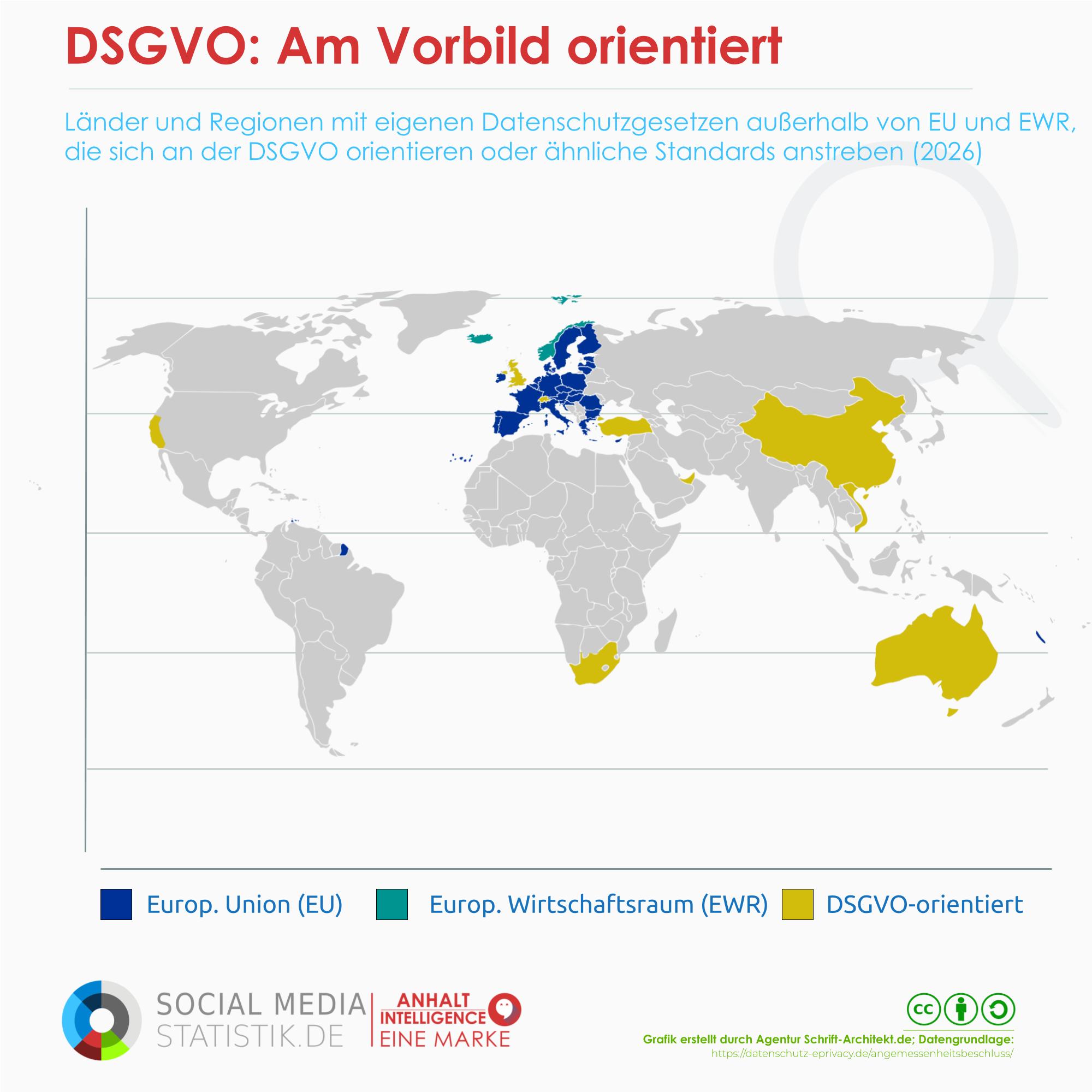Infografik zu Ländern und Regionen außerhalb der EU bzw. EWR mit eigenen Datenschutzgesetzen, orientierend an der DSGVO